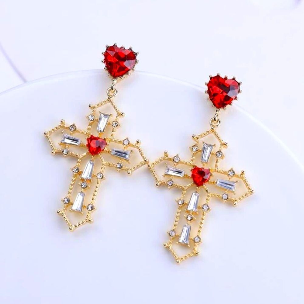 Royalcore Vamp Goth Alchemy Red Gem Gold Overlay Rhinestone Cross Drop Earrings